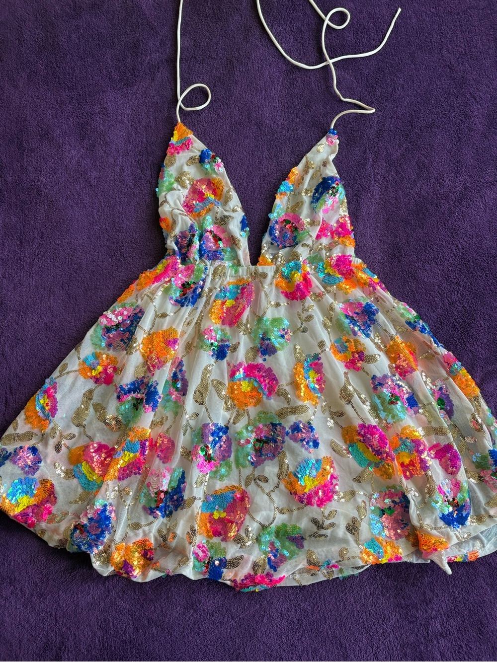 Lucy in the Sky White Mini Dress with Multicolor Sequin Floral Embroidery